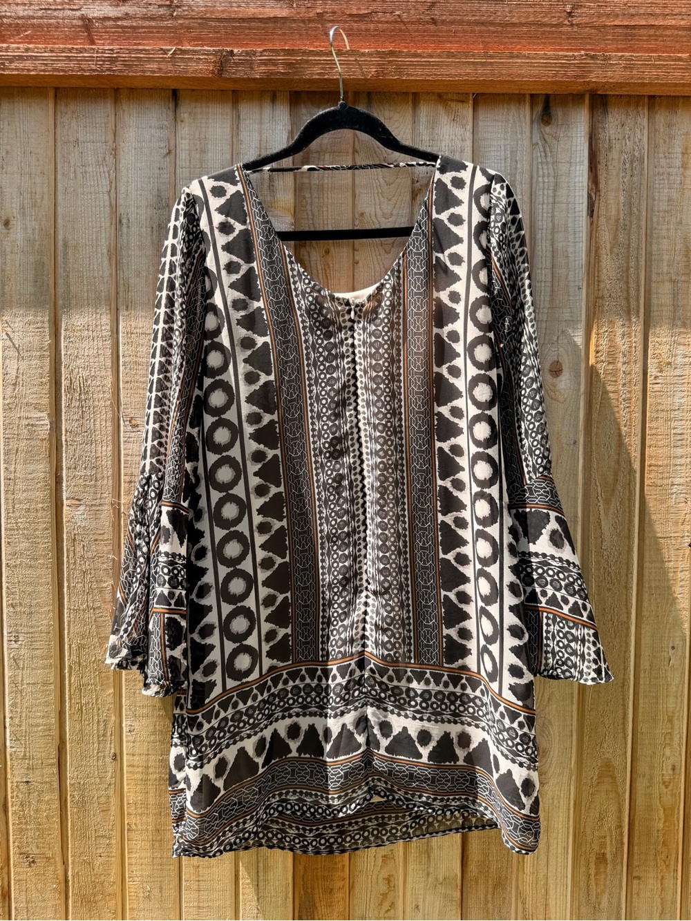 Fab'rik Boho Printed Bell Sleeve Mini Dress | Size M | Black & Ivory - Picture 5 of 5